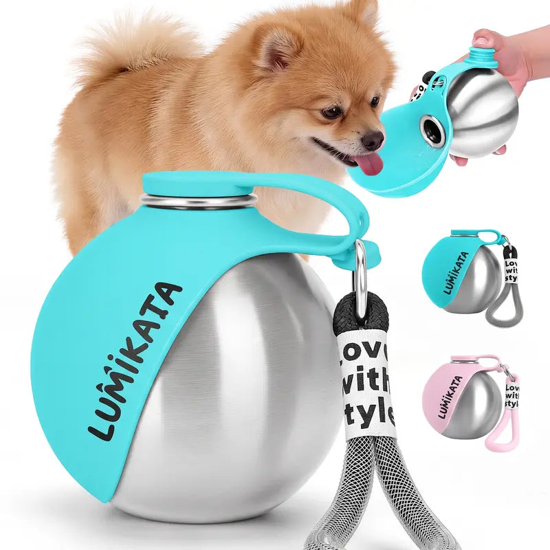 Lumikata 2-In-1 Portable Dog Water Bottle - 10Oz Stainless Steel, Silicone Foldable Bowl Mode, Leak-Proof Water Ball, Small Dog Walking & Pet Feeding Supplies